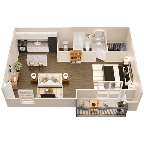 a 3d floor plan of a house with a bedroom and a living room